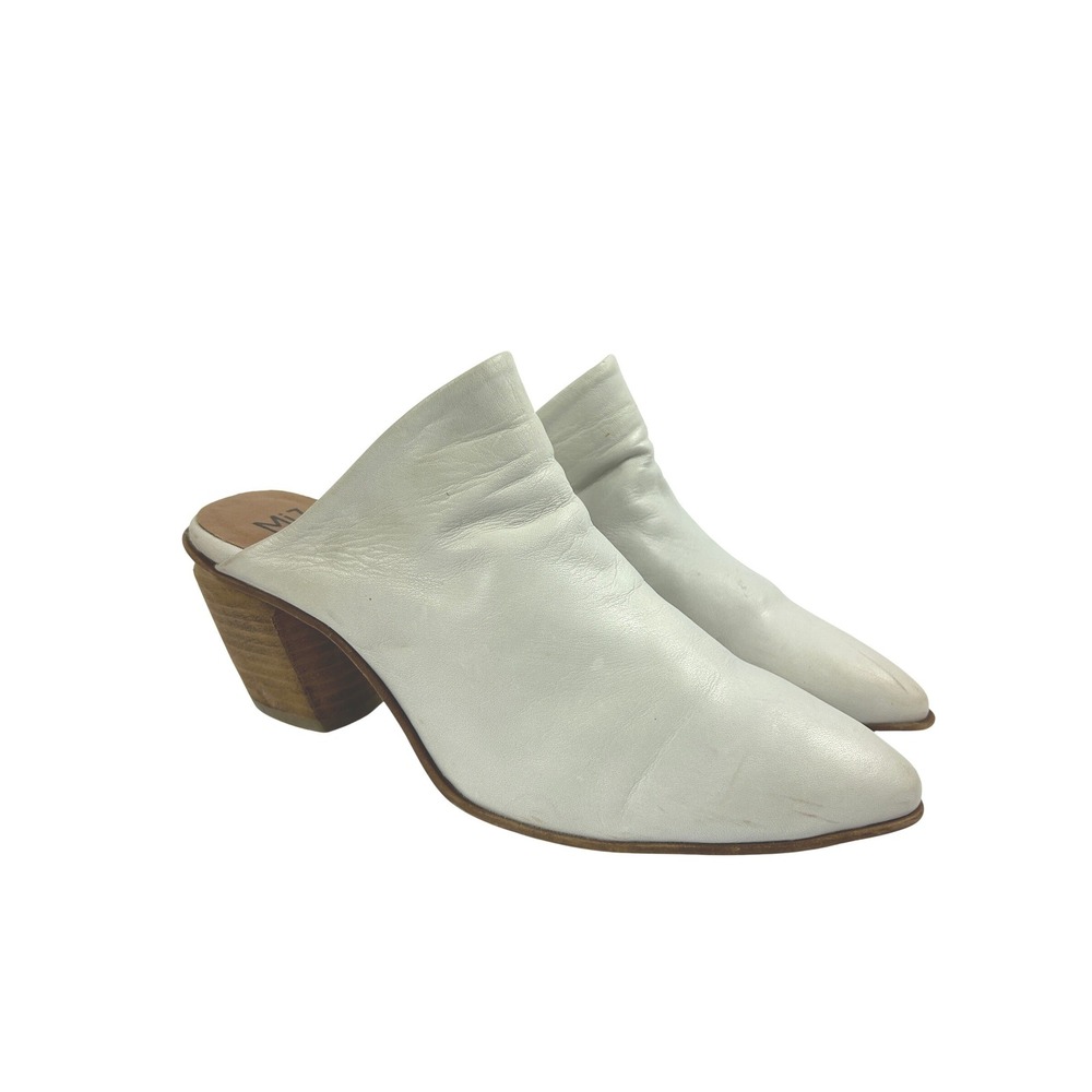 Miz Mooz White Mules Amalia Leather Pointed‎ Toe Block Heel Size 39/8.5